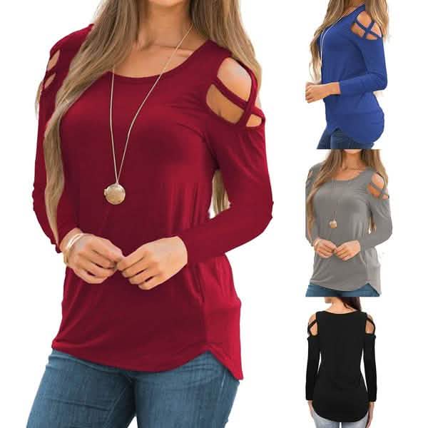 Chemise ample décontractée à manches longues et épaules dénudées pour femme