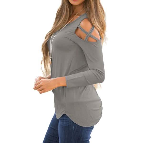 Chemise ample décontractée à manches longues et épaules dénudées pour femme