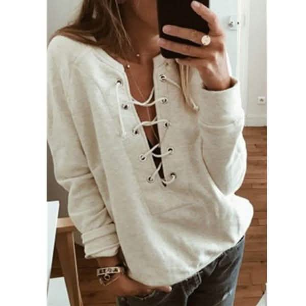 Women's Fashion Lace Up Deep V-neck Casual Long Sleeves