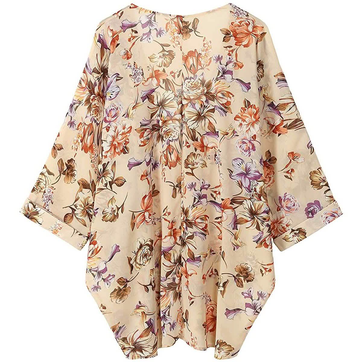 女性用花柄シアーシフォンゆったりキモノカーディガンケープ