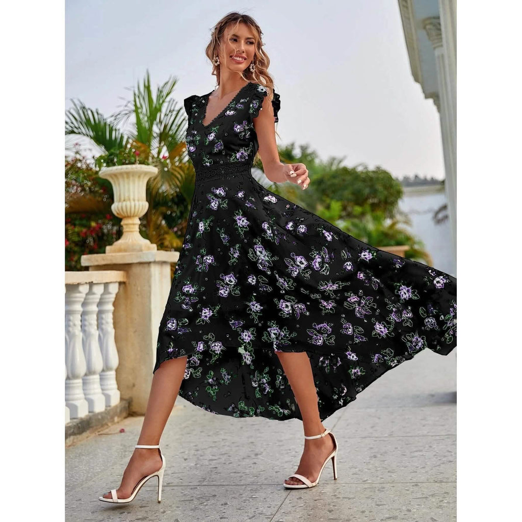 Women's Full Body Floral Print High Low Hem A-Line Dress