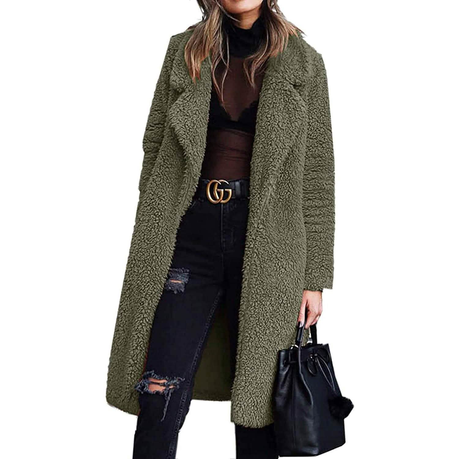 女性用ふわふわフリースラペルオープンフロント長カーディガンコート
