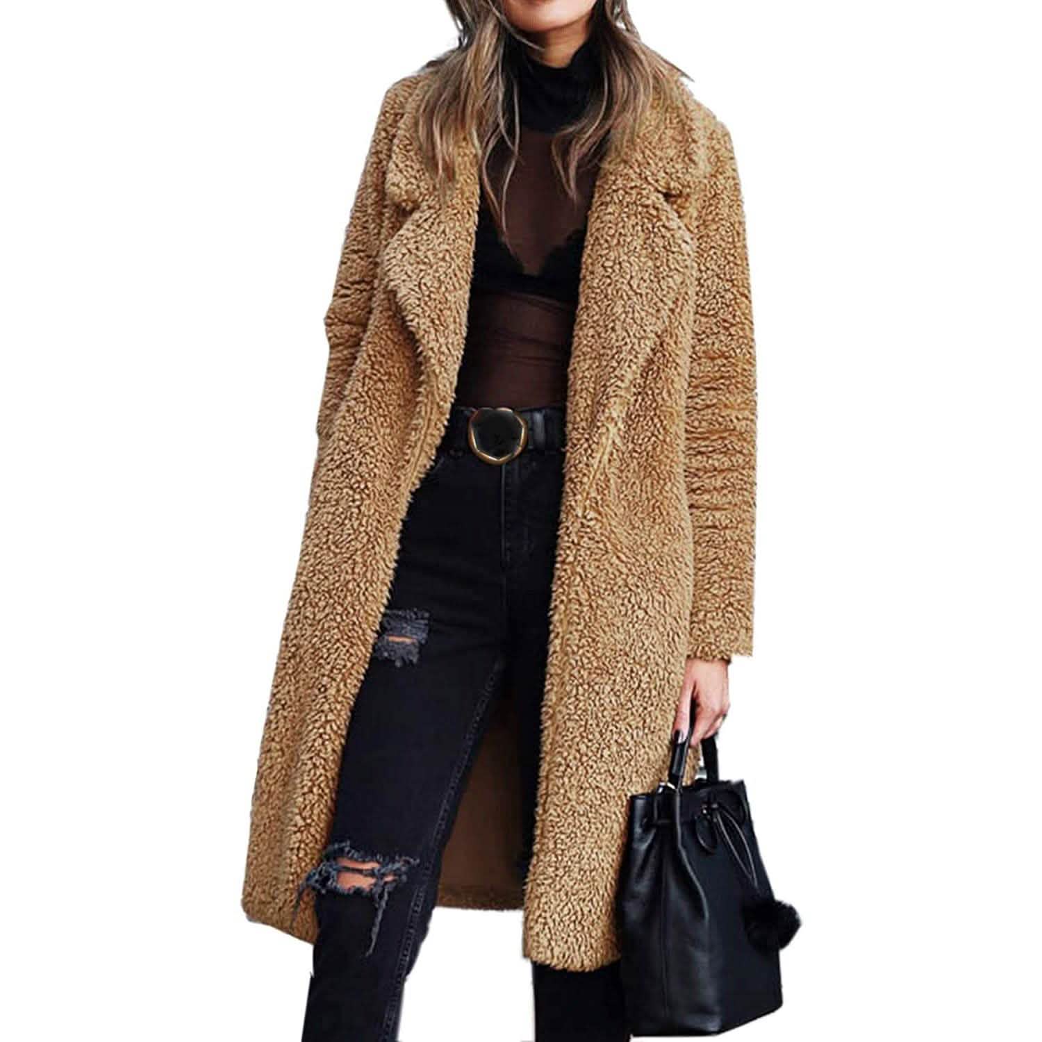 女性用ふわふわフリースラペルオープンフロント長カーディガンコート