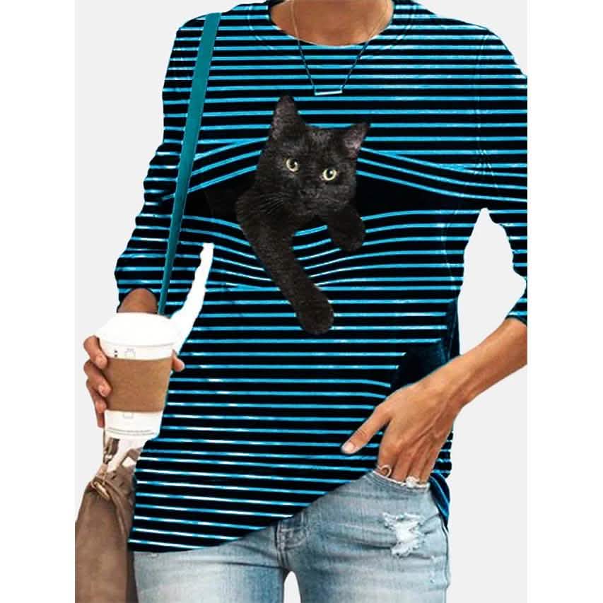 Tunique d'Halloween Femme T-shirt Rayé Chat Dessin Animé 3D Manches Longues Imprimé Col Rond