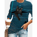 Tunique d'Halloween Femme T-shirt Rayé Chat Dessin Animé 3D Manches Longues Imprimé Col Rond