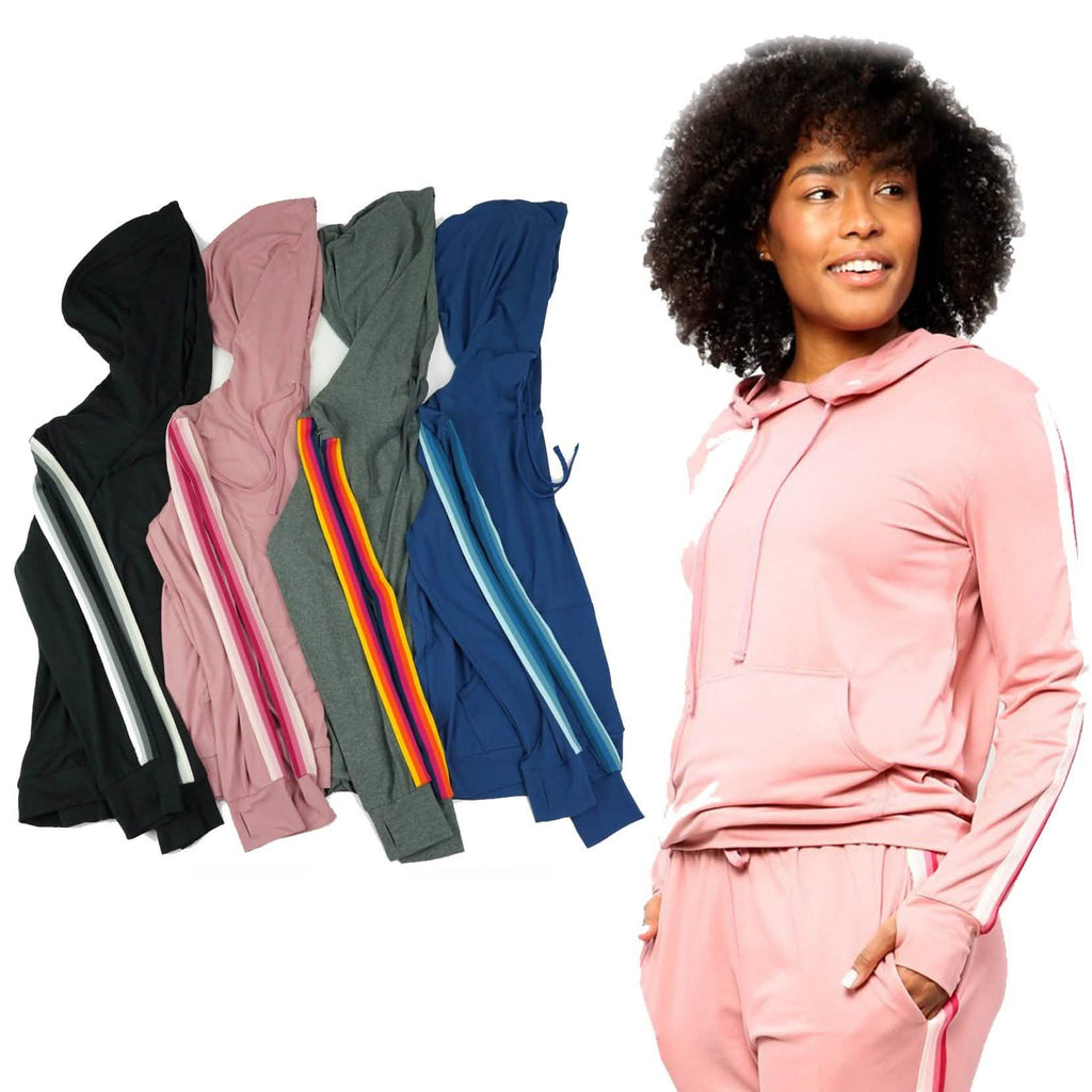 Women's Lightweight Accent Stripes Sweat Shirt Varsity Hoodie