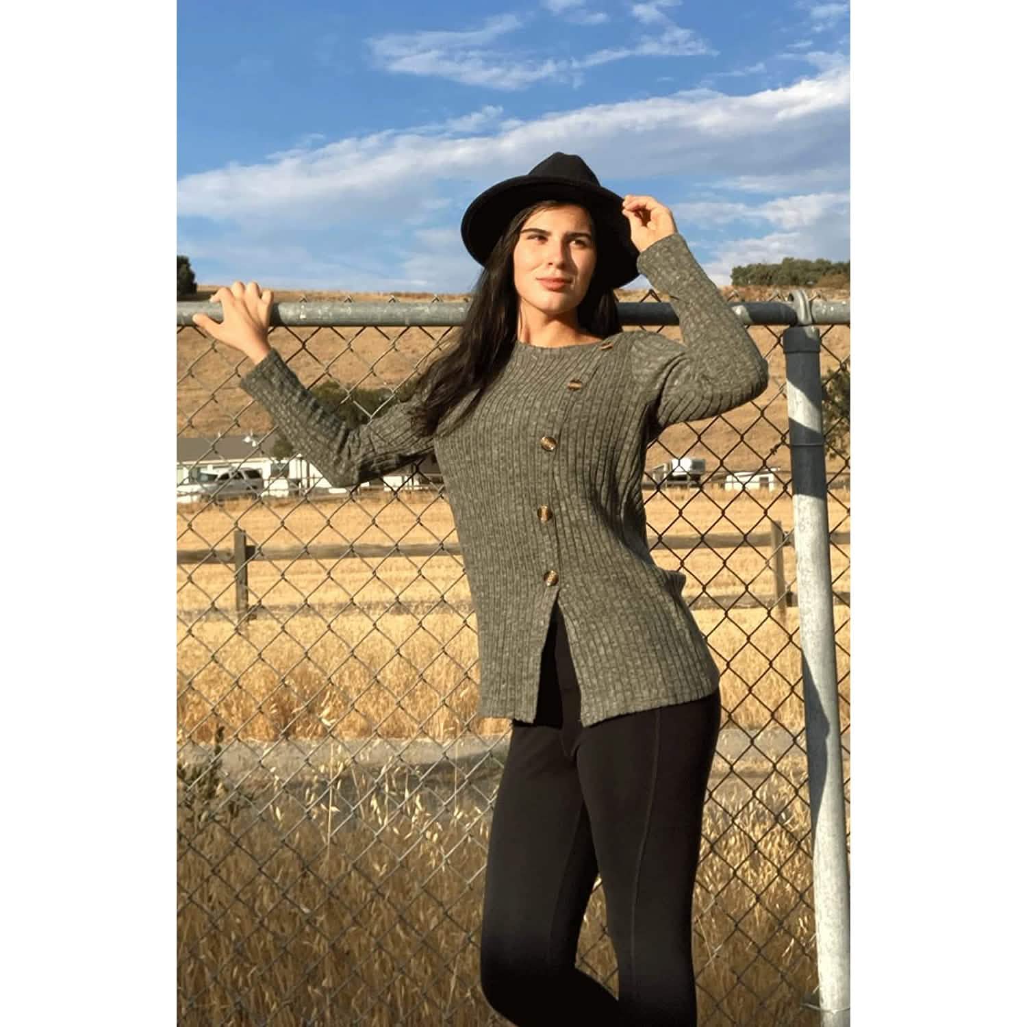 女性用長袖クルーネックチュニックトップス ボタン サイド
