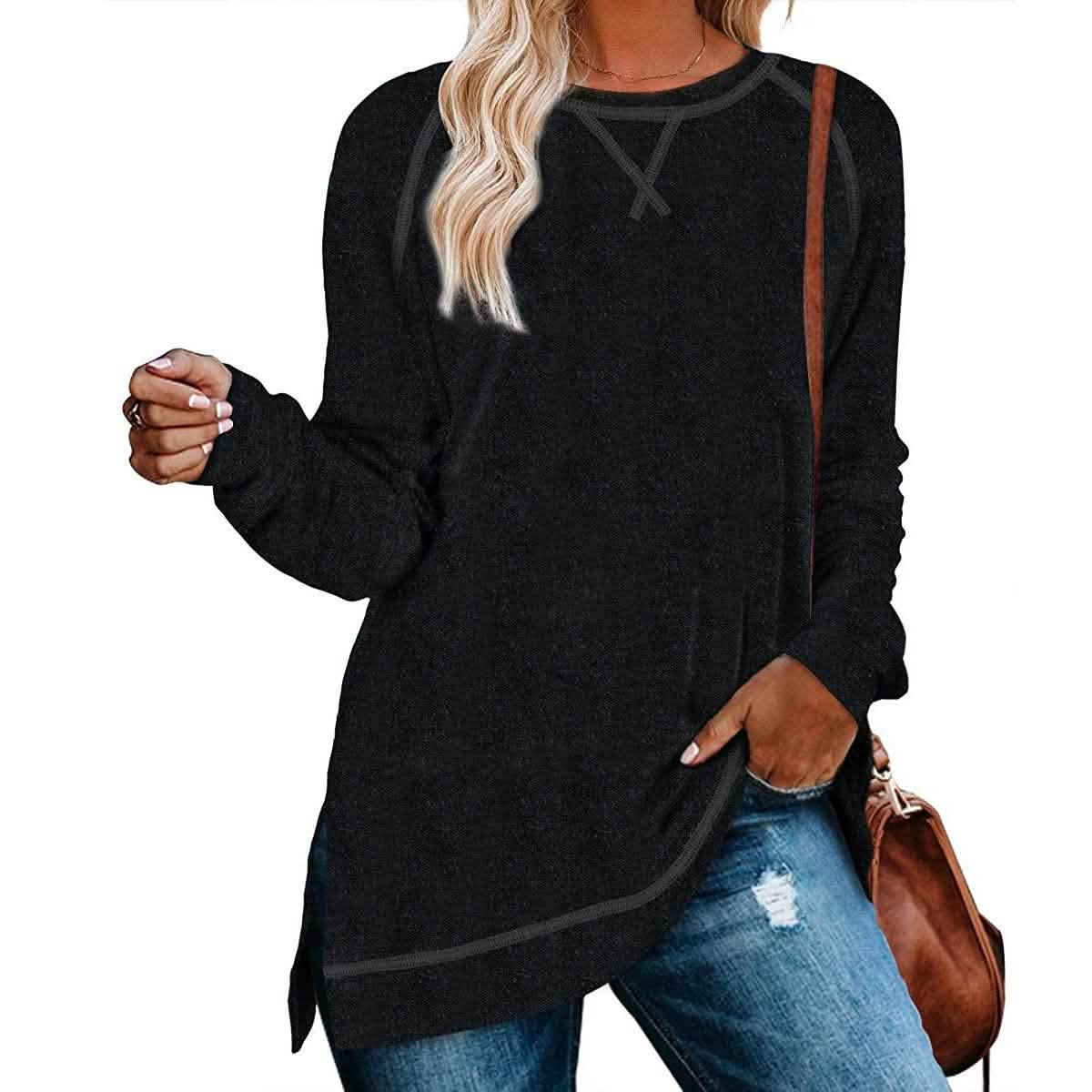 Women's Long Sleeve Loose Casual Autumn Pullover Side Slit Tunic Top