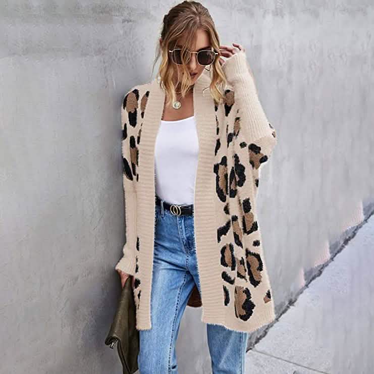 Gilet tricoté à manches longues imprimé léopard pour femme