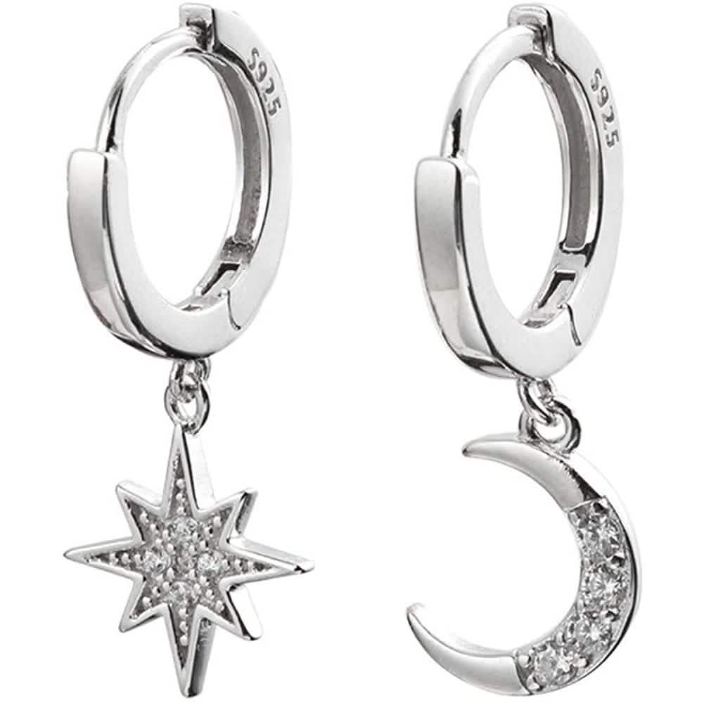 Boucles d'oreilles créoles Femme avec pendentifs Lune et Étoile