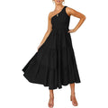 Womens One Shoulder Sleeveless Smocked Ruffle Tiered Beach Long Midi Dress