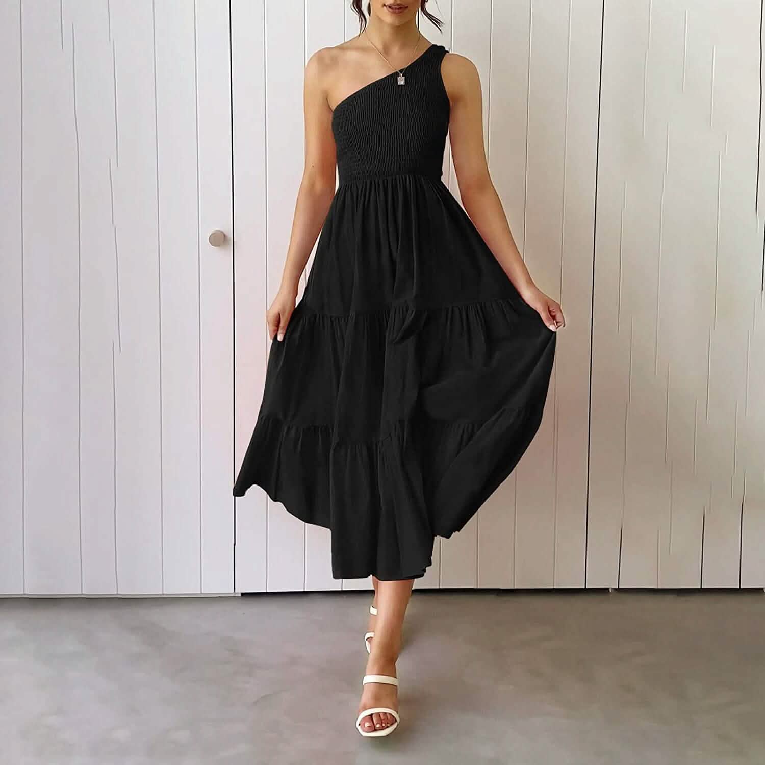 Womens One Shoulder Sleeveless Smocked Ruffle Tiered Beach Long Midi Dress