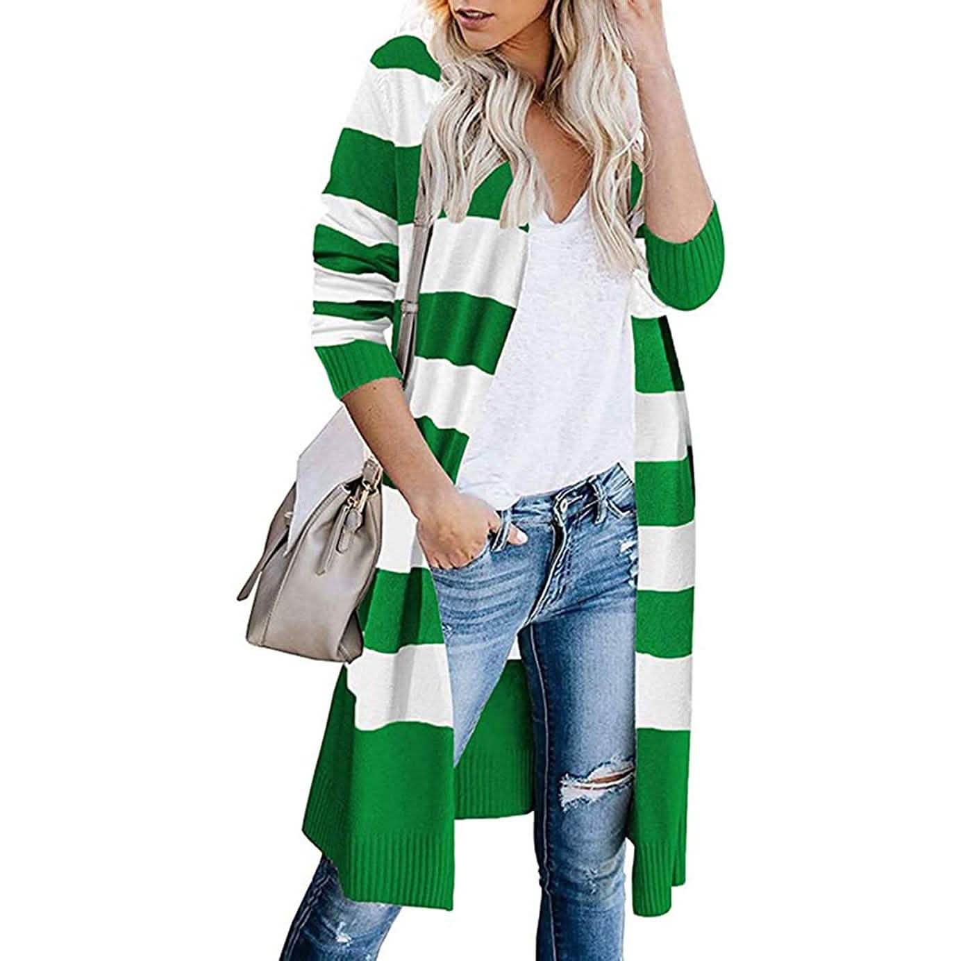 Cardigan long femme ouvert sur le devant, manches longues, tricot léger, pull d'automne