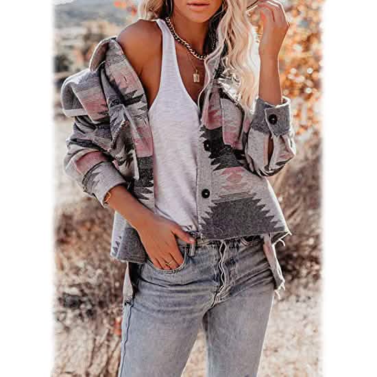 Manteau long à carreaux et col boutonné à manches longues pour femme