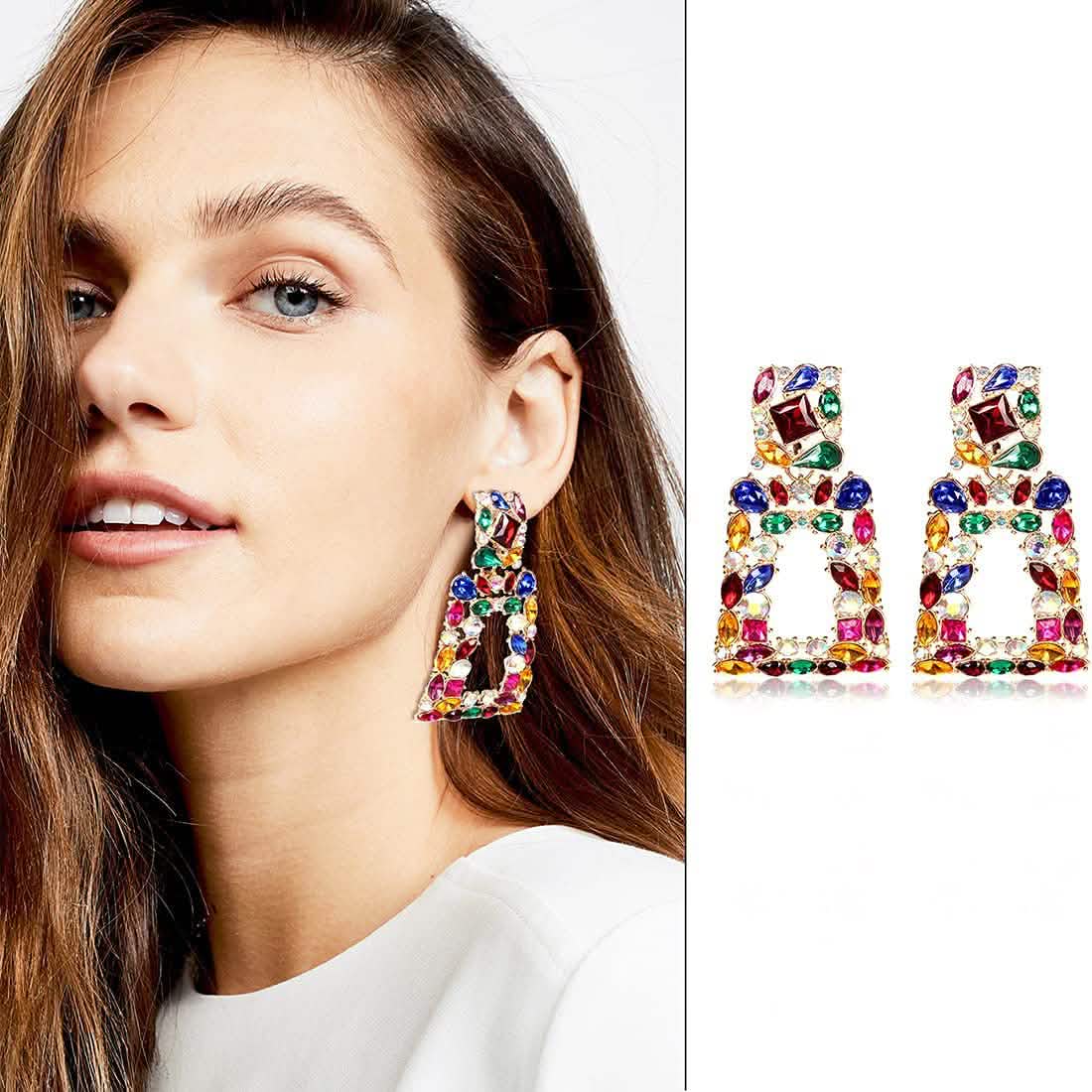 Boucles d'oreilles pendantes rectangulaires en strass pour femmes