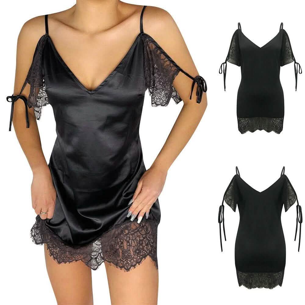 Mini-robe sexy en satin et dentelle pour femme