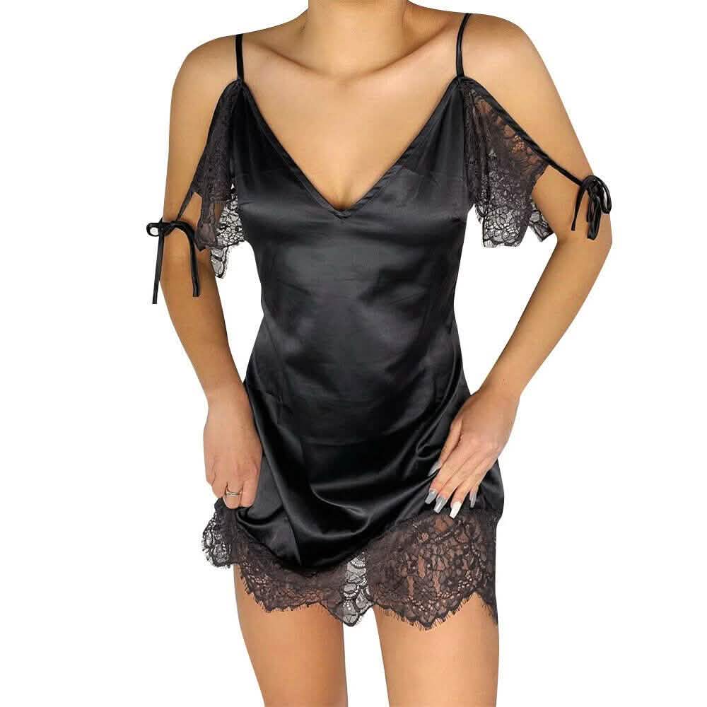 Mini-robe sexy en satin et dentelle pour femme
