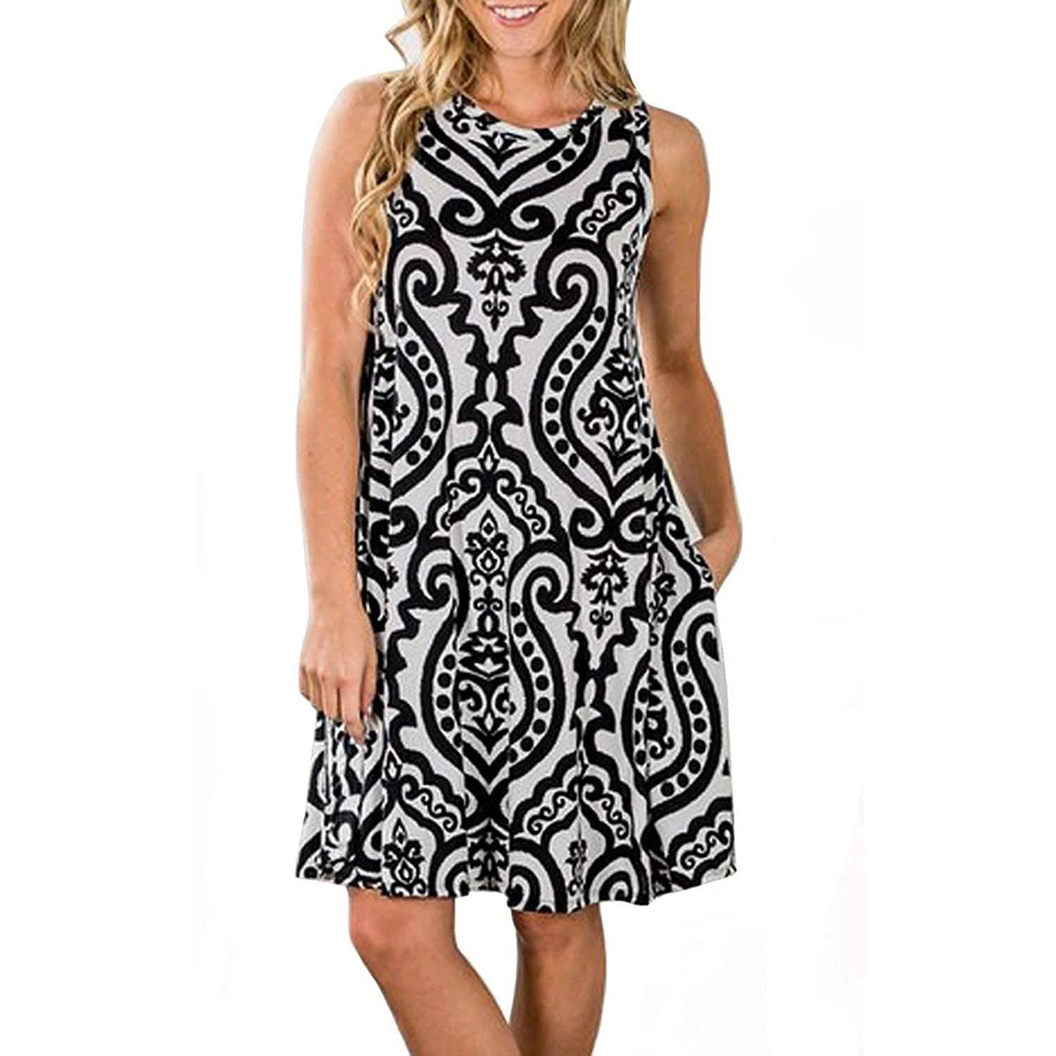 Robe d'été sans manches ample pour femme, imprimé damassé, avec poches, coupe T-shirt