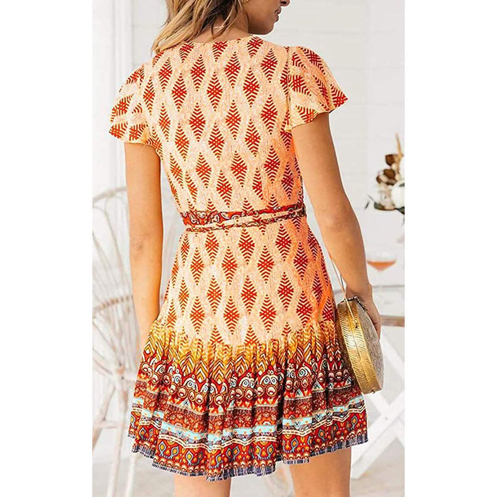 Robe d'été portefeuille pour femme, col en V, imprimé floral bohème, mini