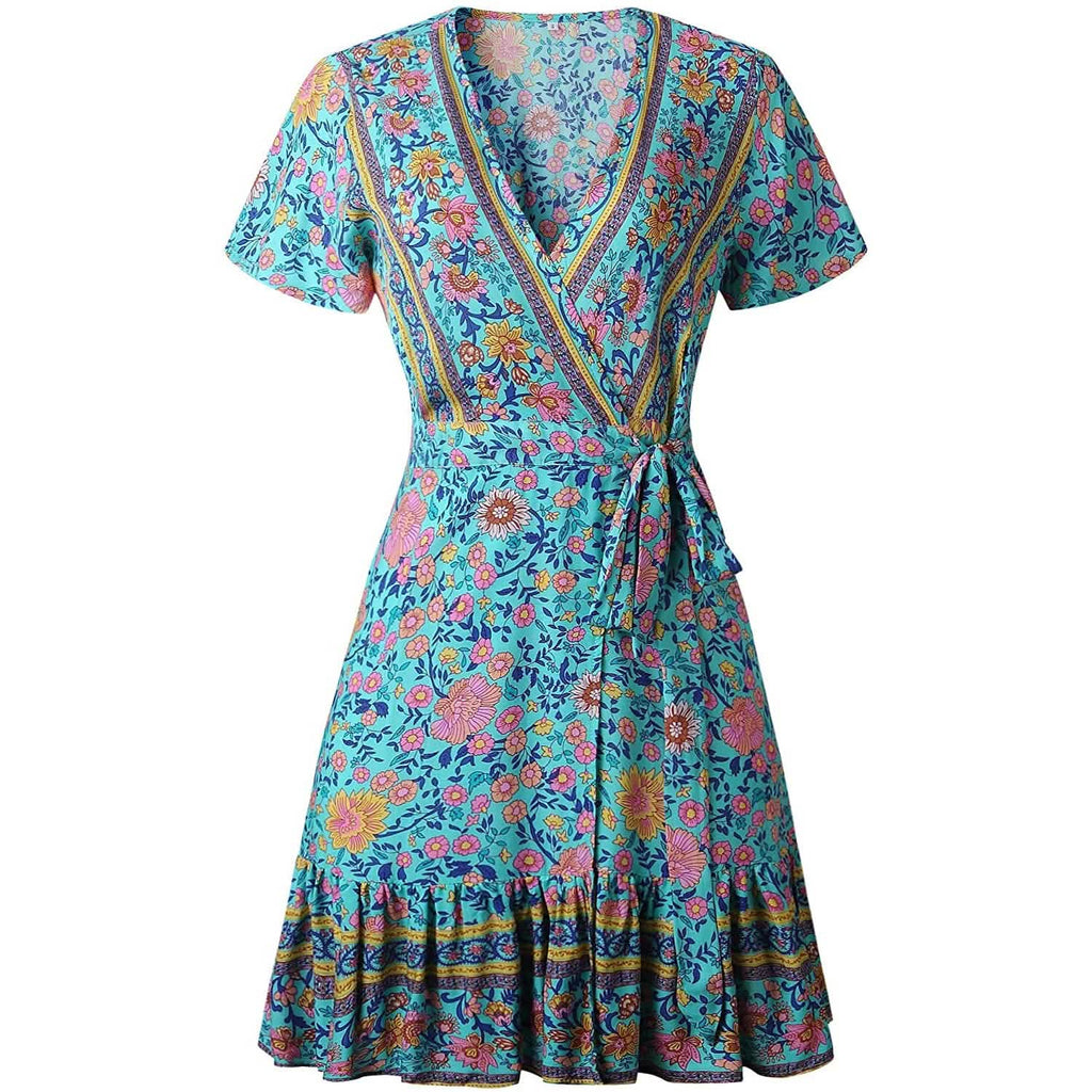 Robe d'été portefeuille pour femme, col en V, imprimé floral bohème, mini