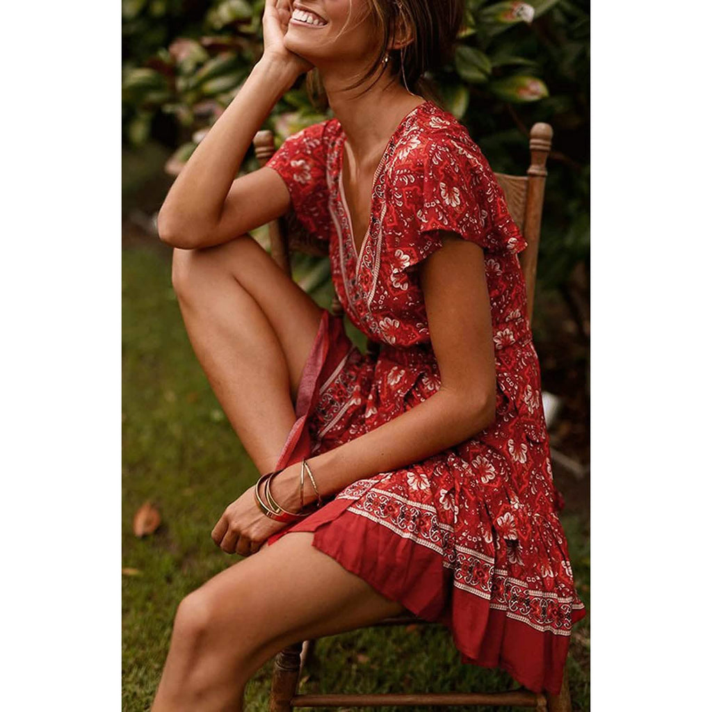 Robe d'été portefeuille pour femme, col en V, imprimé floral bohème, mini