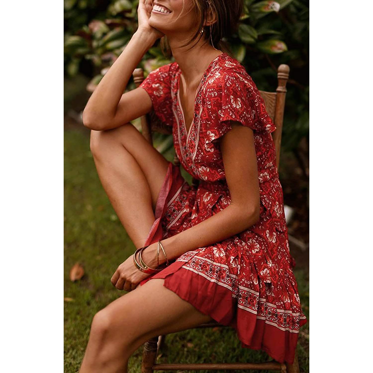Robe d'été portefeuille pour femme, col en V, imprimé floral bohème, mini