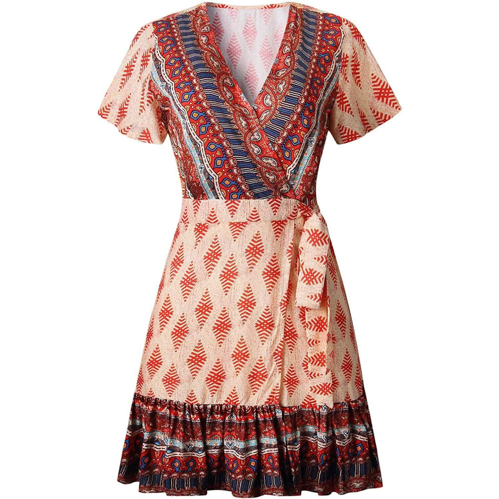 Robe d'été portefeuille pour femme, col en V, imprimé floral bohème, mini