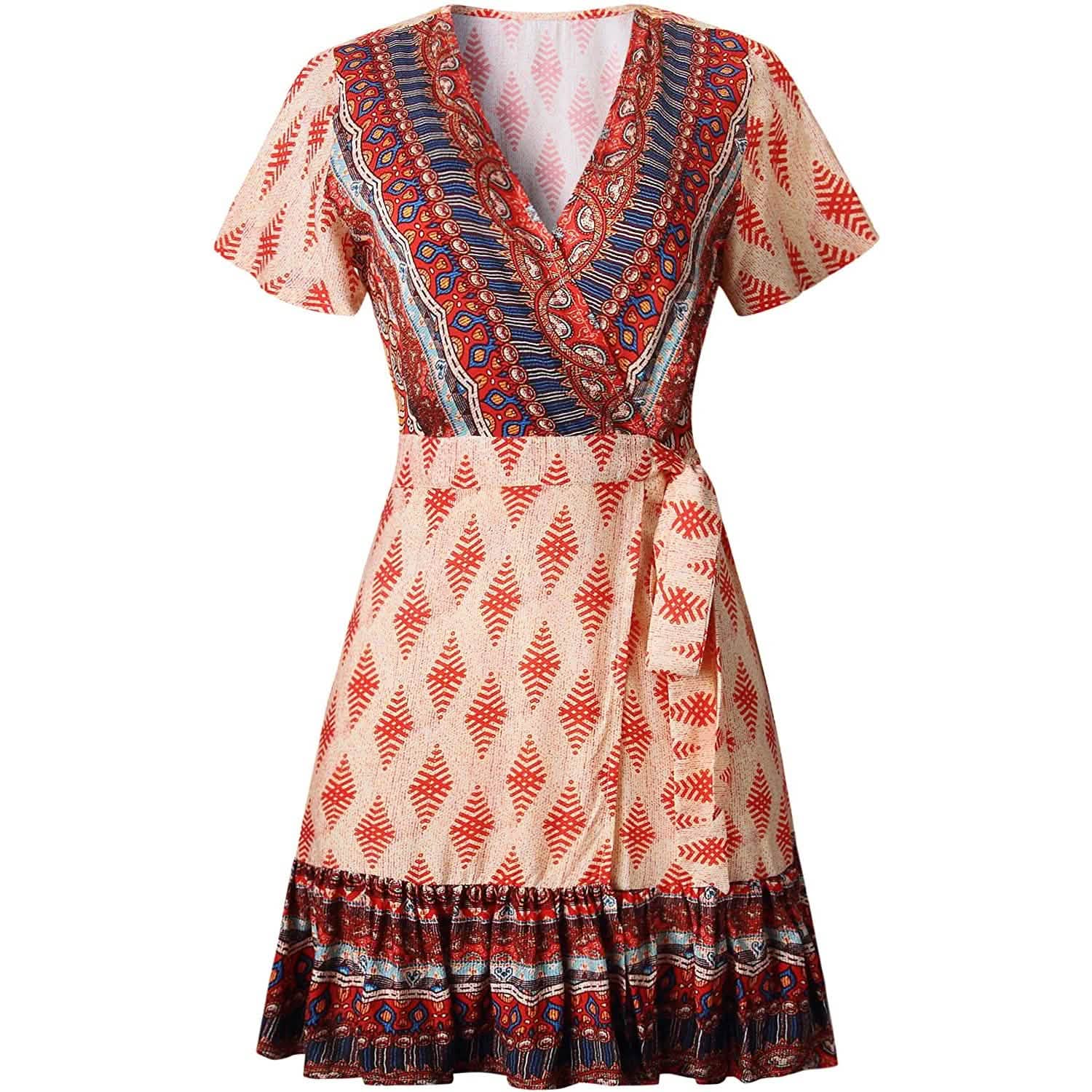 Robe d'été portefeuille pour femme, col en V, imprimé floral bohème, mini