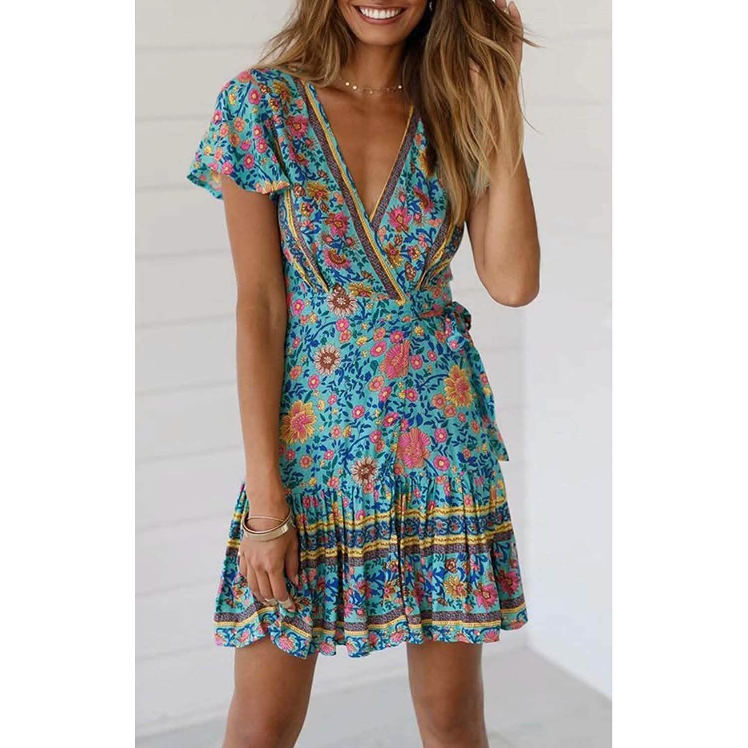 Robe d'été portefeuille pour femme, col en V, imprimé floral bohème, mini