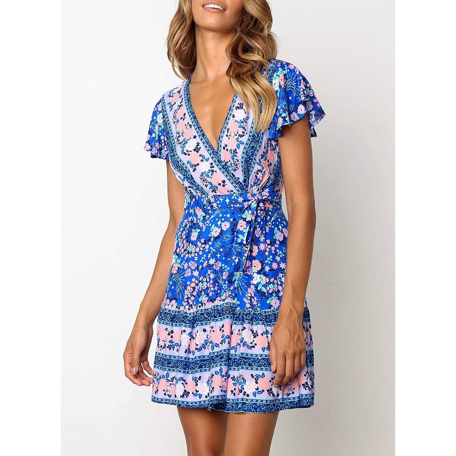 Robe d'été portefeuille pour femme, col en V, imprimé floral bohème, mini