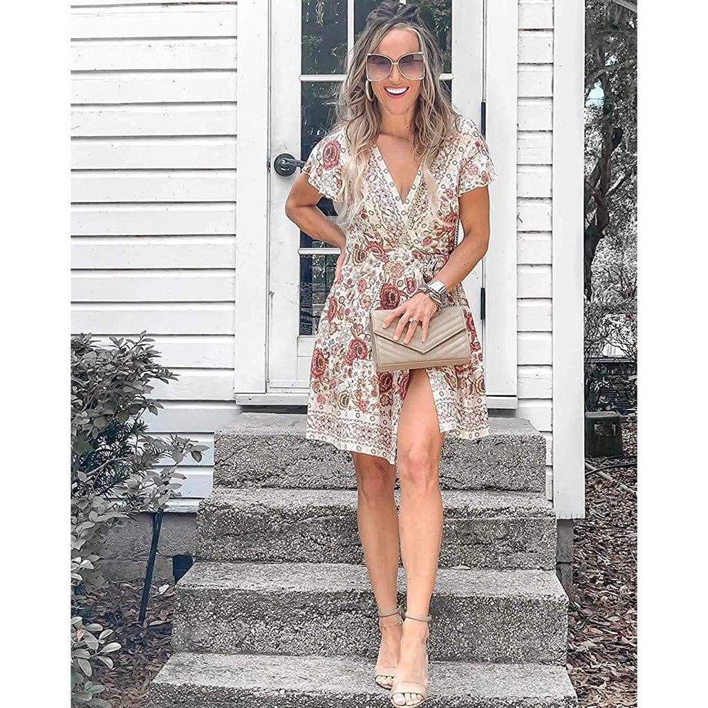 Robe d'été portefeuille pour femme, col en V, imprimé floral bohème, mini