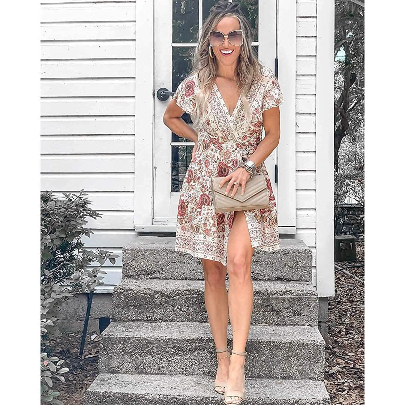 Robe d'été portefeuille pour femme, col en V, imprimé floral bohème, mini