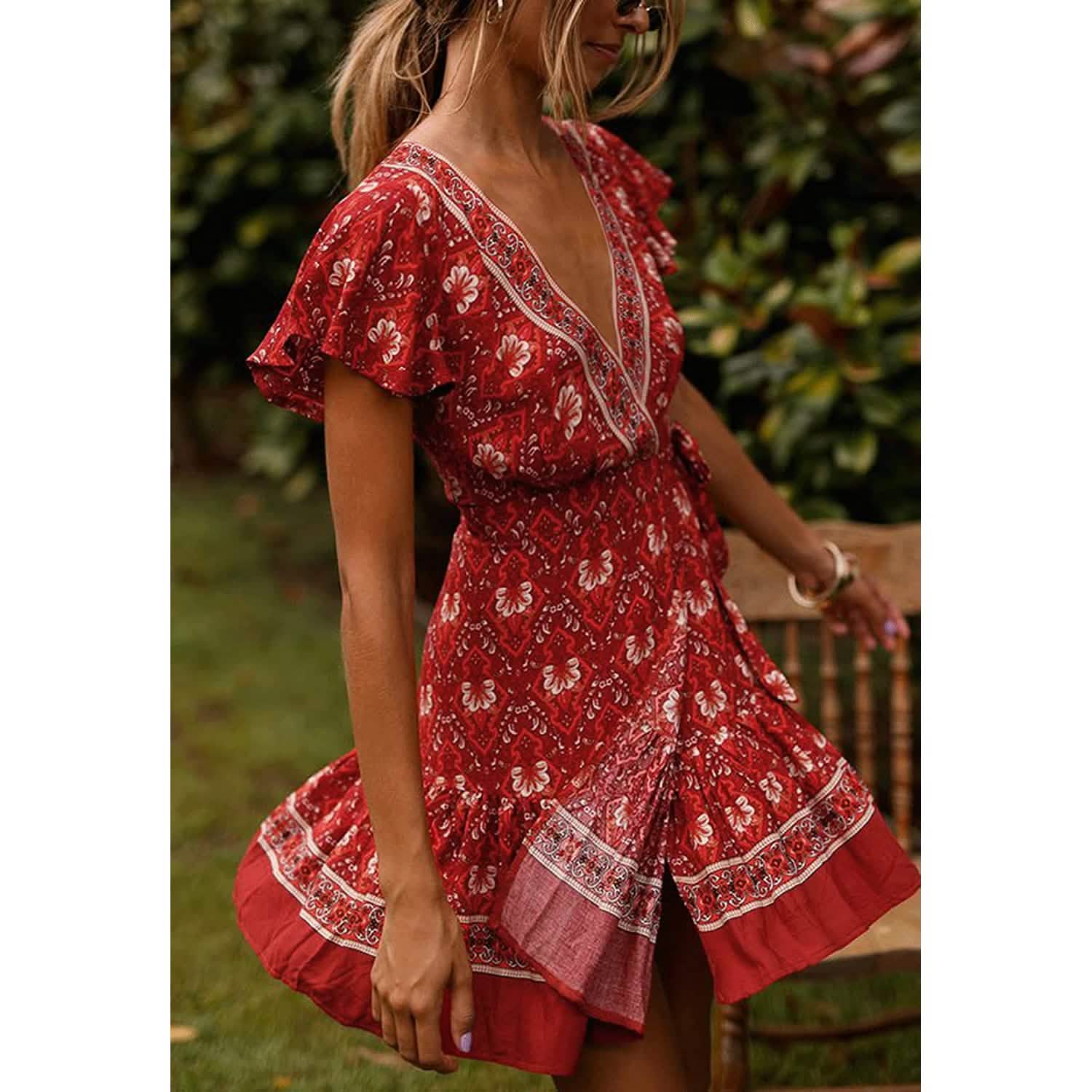 Robe d'été portefeuille pour femme, col en V, imprimé floral bohème, mini