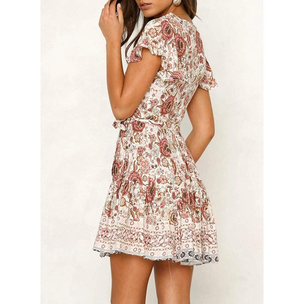 Robe d'été portefeuille pour femme, col en V, imprimé floral bohème, mini