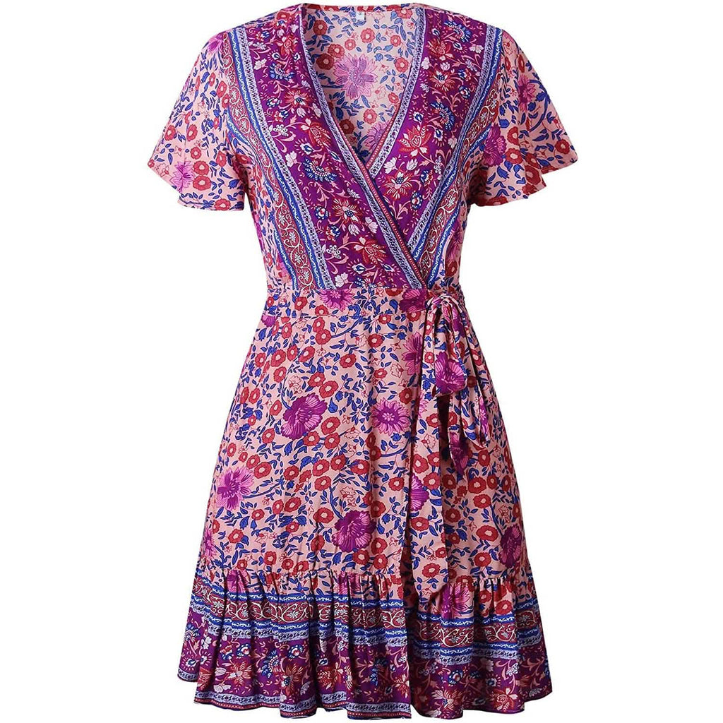 Robe d'été portefeuille pour femme, col en V, imprimé floral bohème, mini