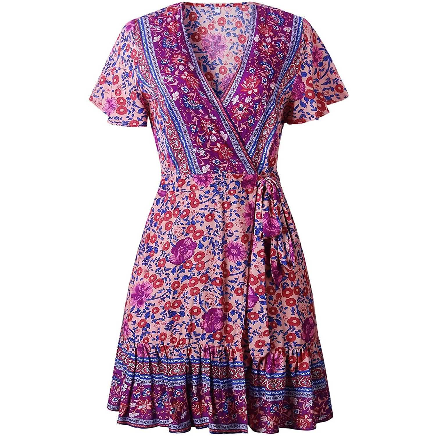 Robe d'été portefeuille pour femme, col en V, imprimé floral bohème, mini