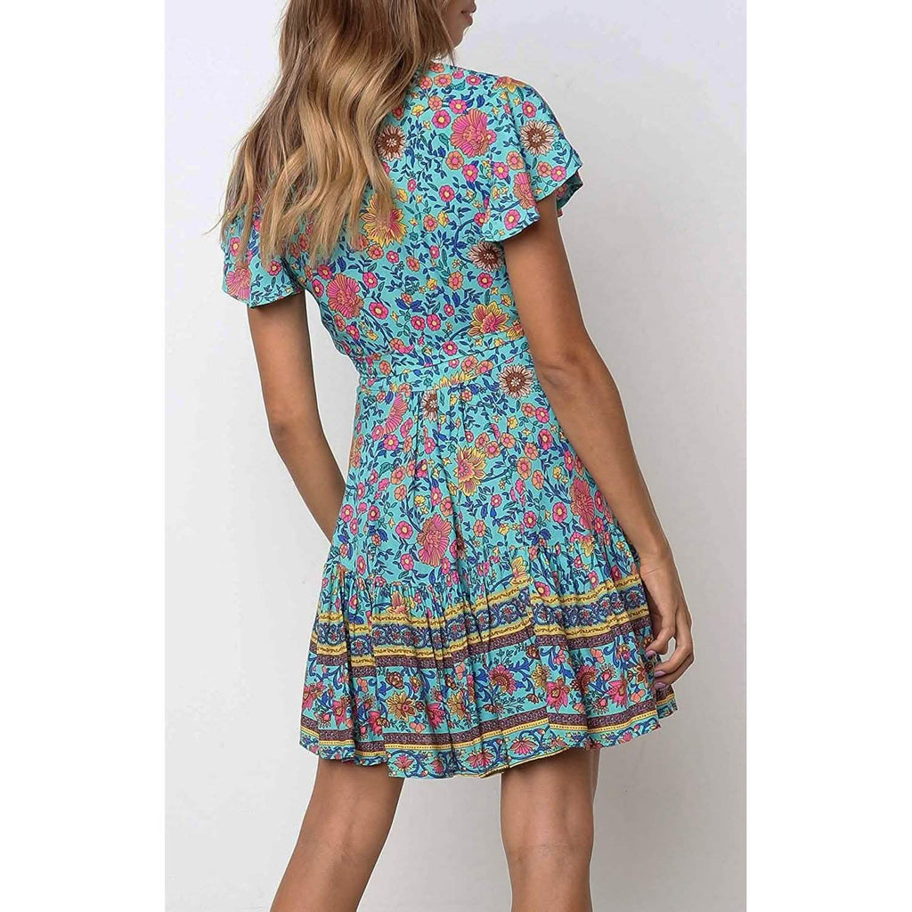 Robe d'été portefeuille pour femme, col en V, imprimé floral bohème, mini
