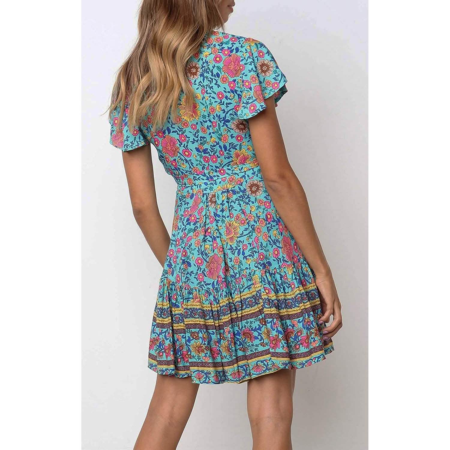 Robe d'été portefeuille pour femme, col en V, imprimé floral bohème, mini