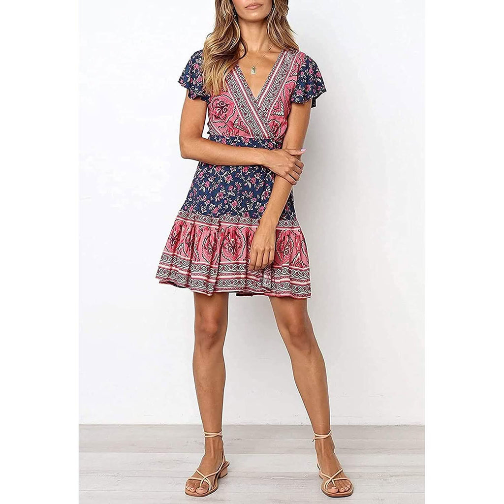 Robe d'été portefeuille pour femme, col en V, imprimé floral bohème, mini
