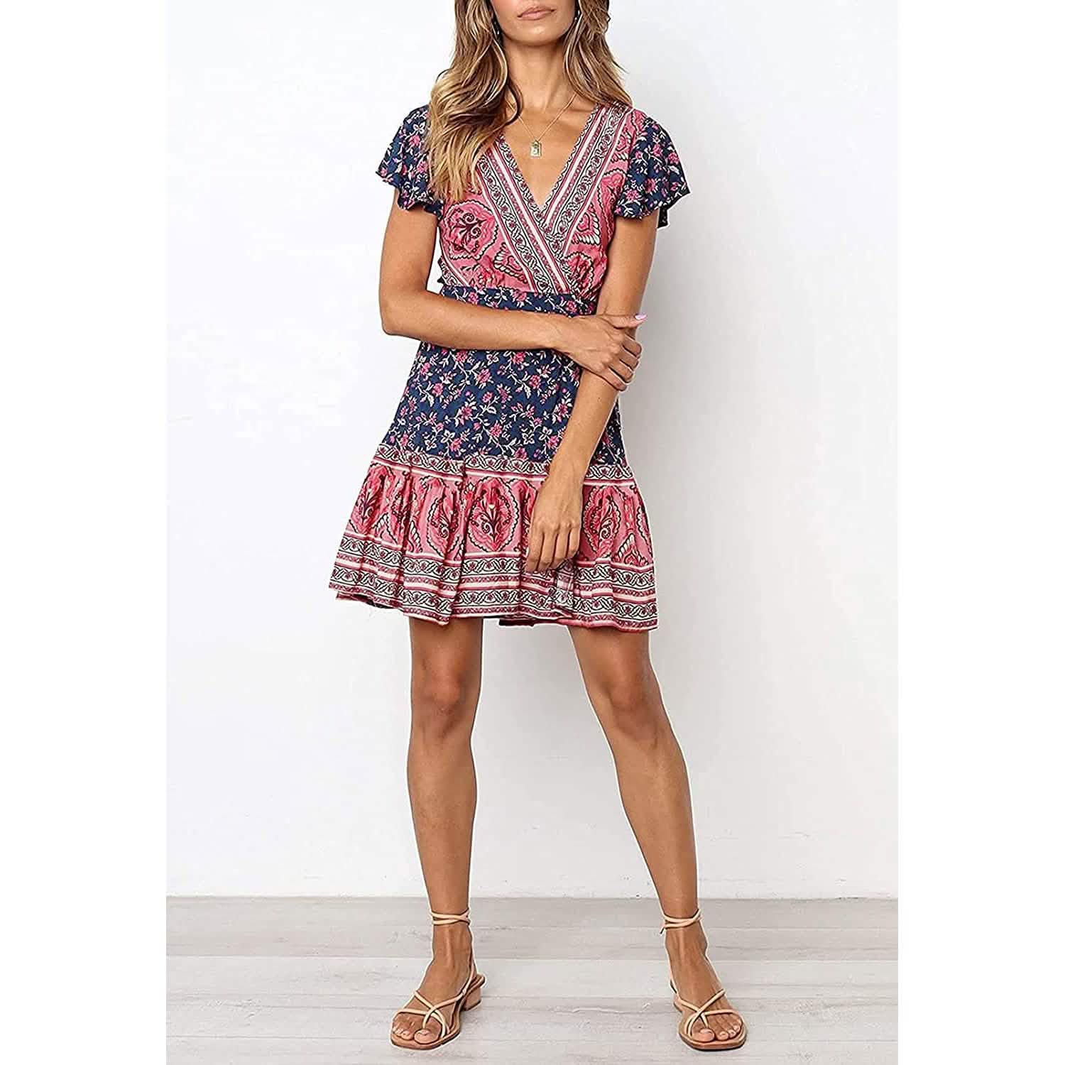 Robe d'été portefeuille pour femme, col en V, imprimé floral bohème, mini