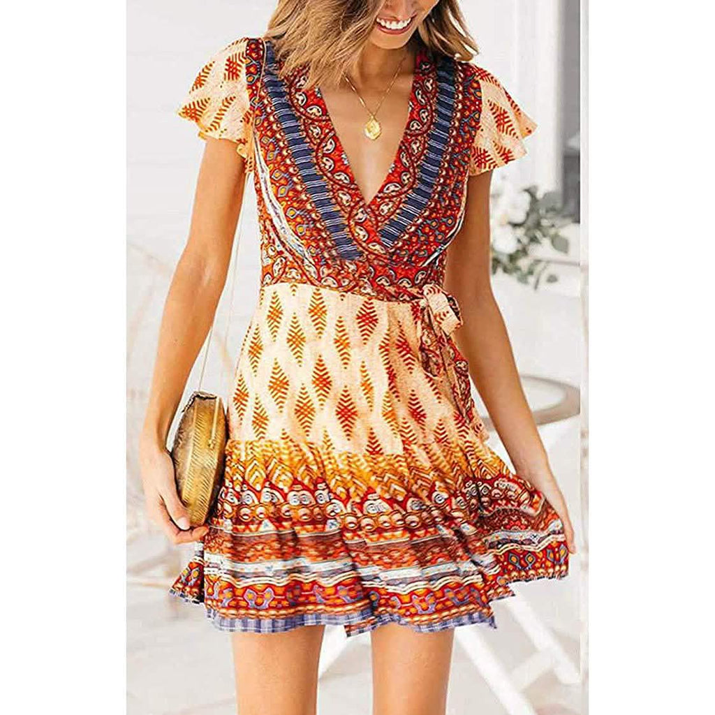 Robe d'été portefeuille pour femme, col en V, imprimé floral bohème, mini