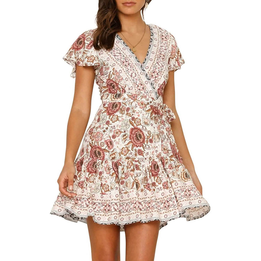 Robe d'été portefeuille pour femme, col en V, imprimé floral bohème, mini
