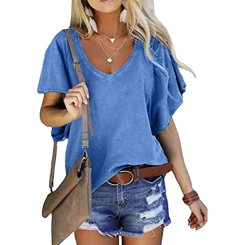 T-shirt Femme Col V Uni Basique Décontracté