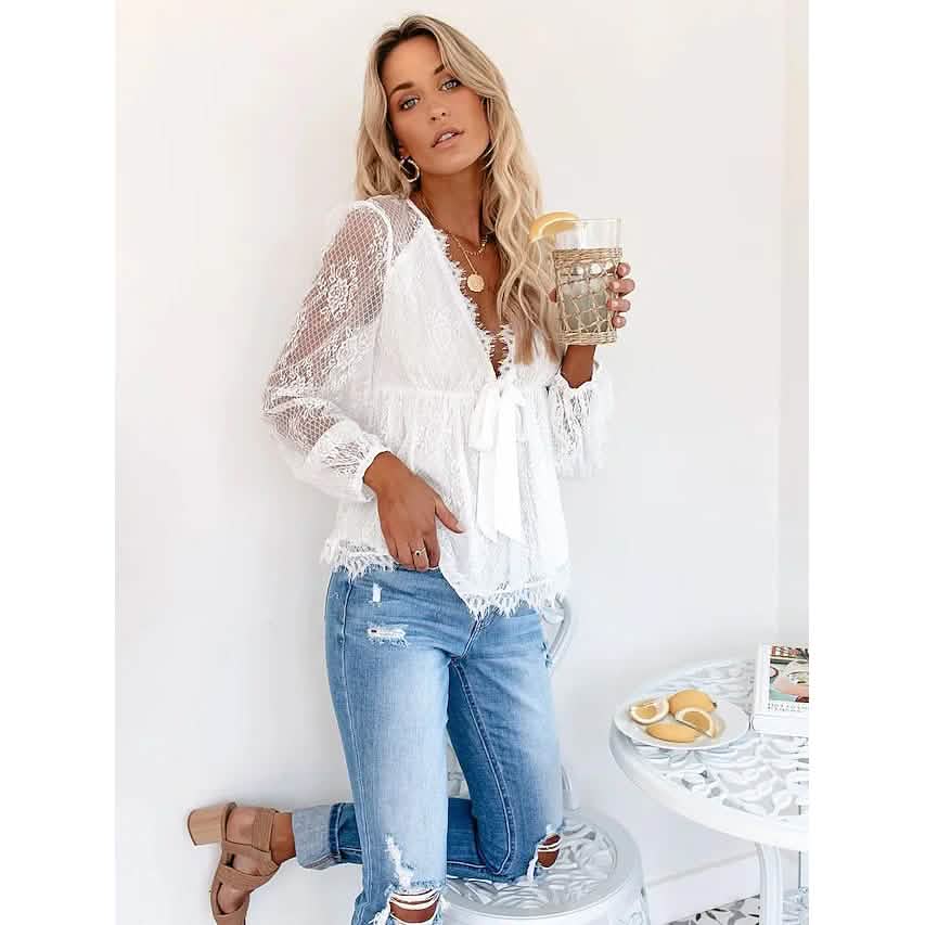 Tunique femme chemisier haut à œillets hauts à col en V