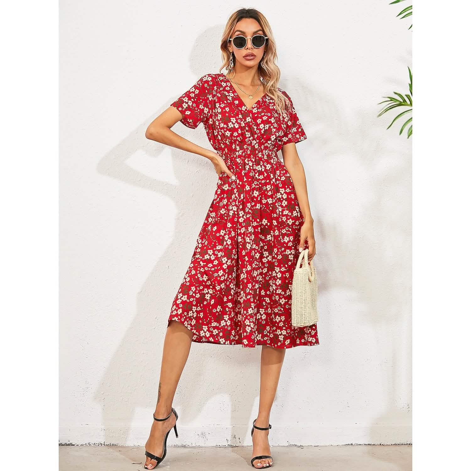 Robe midi décontractée bohème ample col en V pour femme