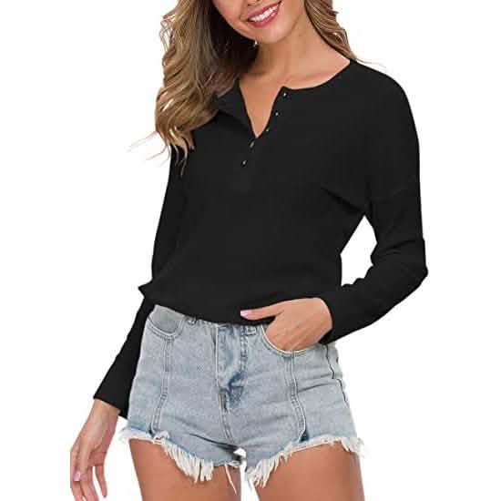 Hauts tuniques amples à manches longues en tricot gaufré pour femme