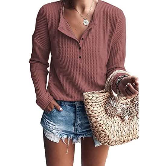 Hauts tuniques amples à manches longues en tricot gaufré pour femme