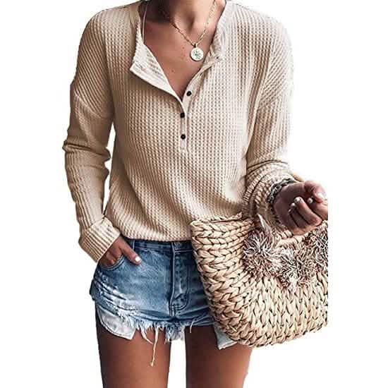 Hauts tuniques amples à manches longues en tricot gaufré pour femme