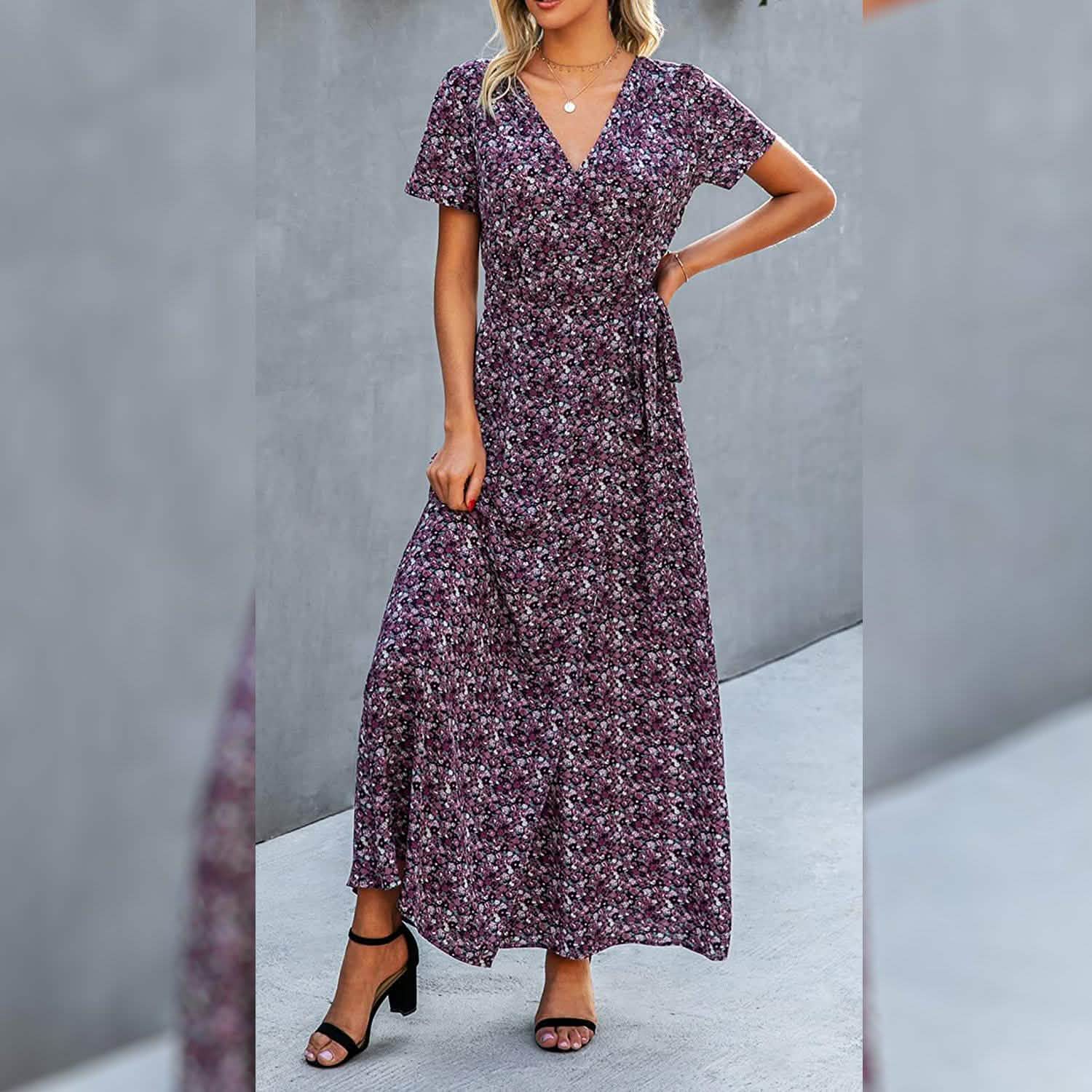 Robes longues portefeuille à col en V pour femmes, manches courtes, décontractées, fendues