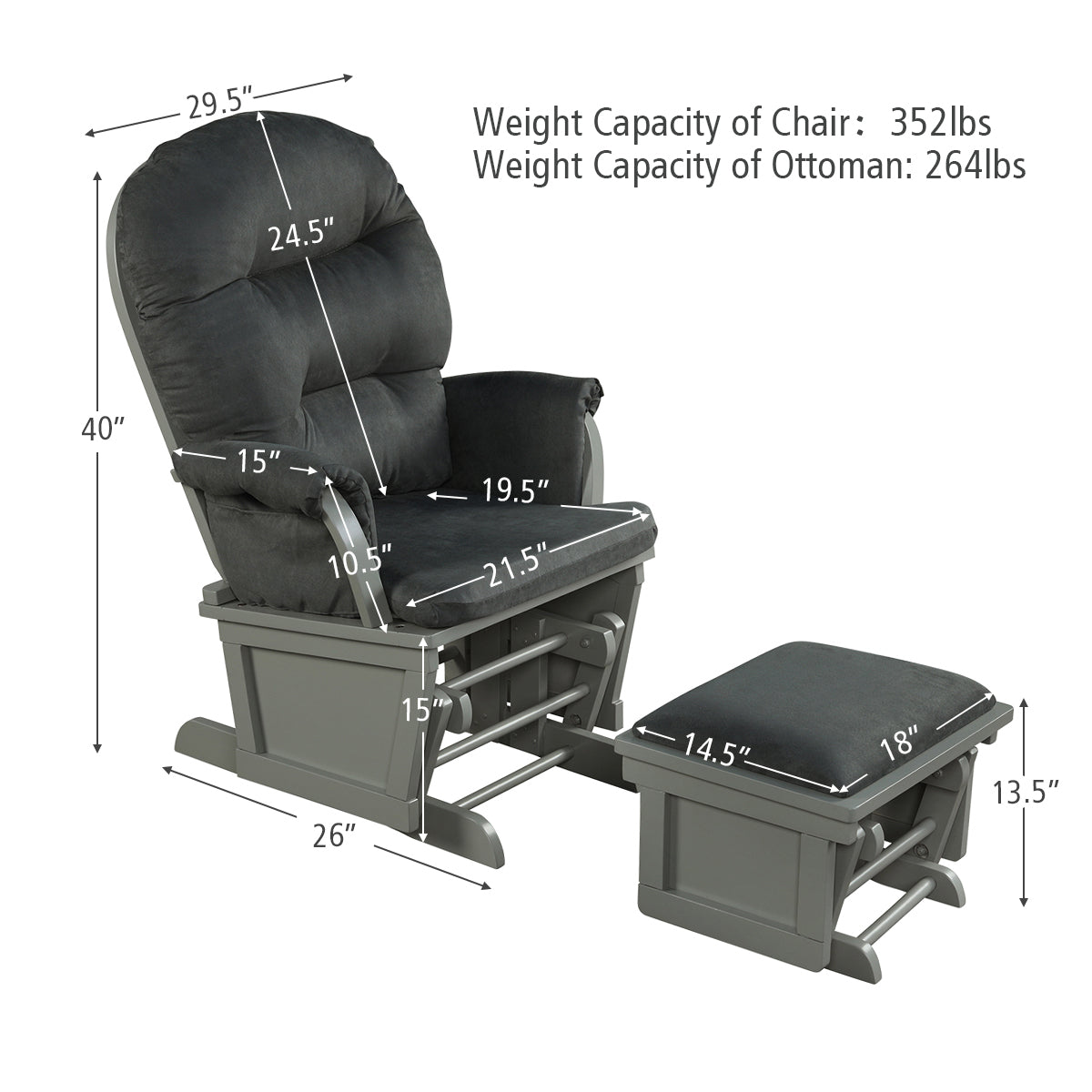 Wood Baby Glider and Ottoman Cushion Set with Padded Armrests for Nursing